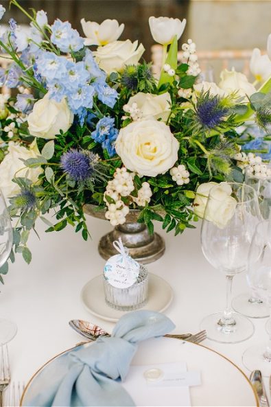 Table setup with flowers for a destination wedding in Greece