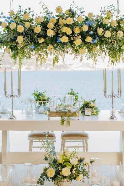 View of bridal table and the sea for a destination wedding in Athens Riviera