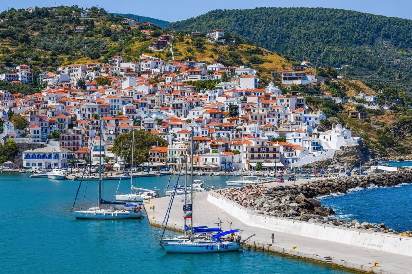 Skopelos sea and port view