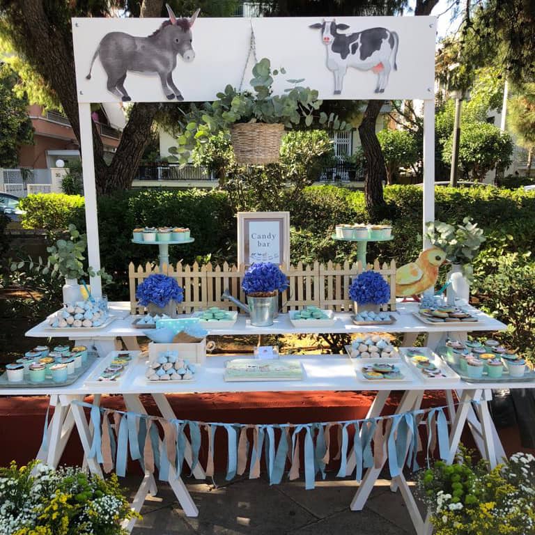 Animals of the farm inspired candy bar with blue and light blue colours and treats. boy's baptism ideas