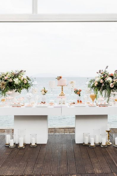 Fine art wedding minimal candy bar for a seaside destination wedding in Greece.