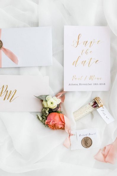 Destination wedding in Greece - Fine art wedding blush and gold stationery with custom made invitations and save the dates with calligraphy.