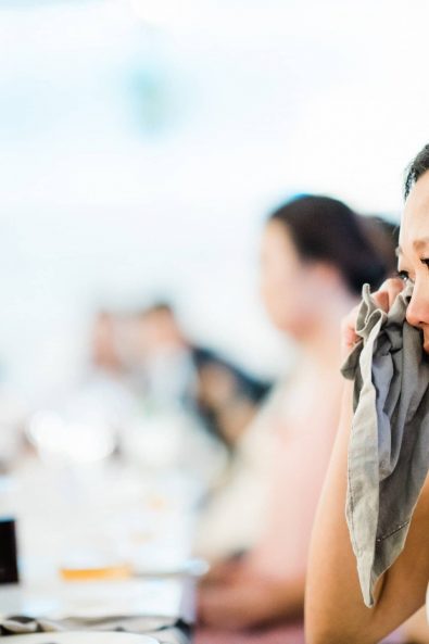 The bride being emotional and crying while listening to her sister's speech.
