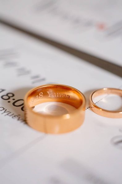 Detail shot of couple's rose gold wedding rings.
