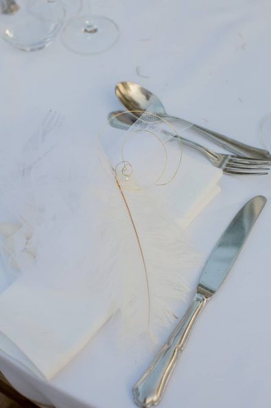 Close up shot of wedding favors with tulle and feathers.