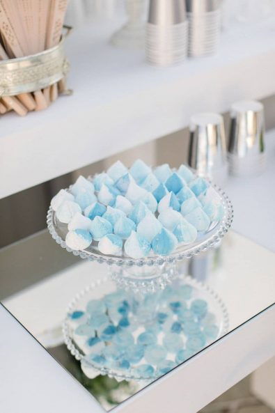 Light blue and white marbled meringues for a wedding candy bar.