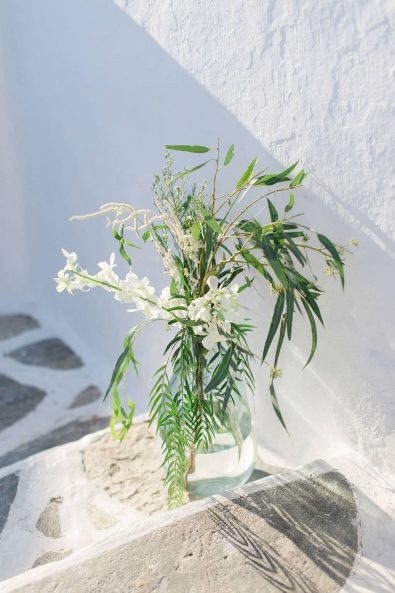 White orchid and eucalyptus flower decoration.