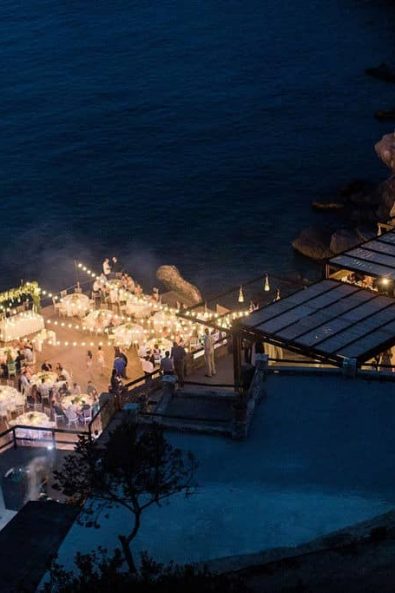 Wedding venue shot from above while a summer wedding party is held.