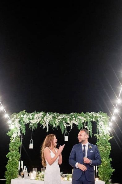 Bride and groom making a speech to their guests as the party goes on.