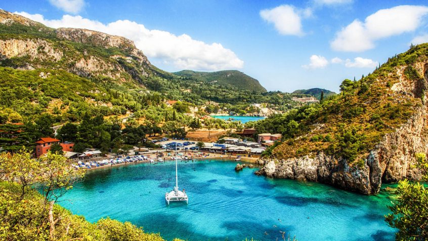 View of harbor in corfu of the sea and boats