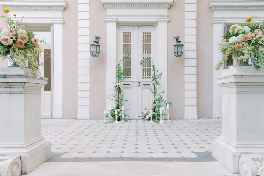 Wedding flowers in Greece decorating villa steps