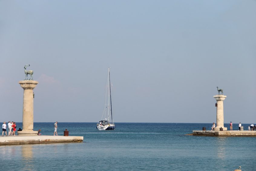 Mandraki harbour Rhodes view