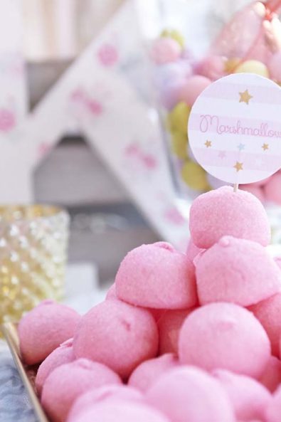 Pink marshmallows Greek orthodox baptism sweets and gold koufeta.