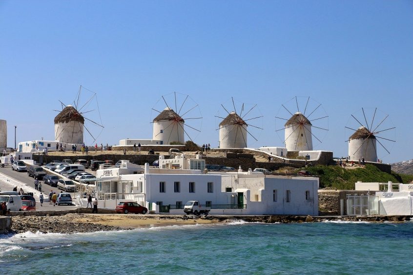 Mykonos windmills view from sea