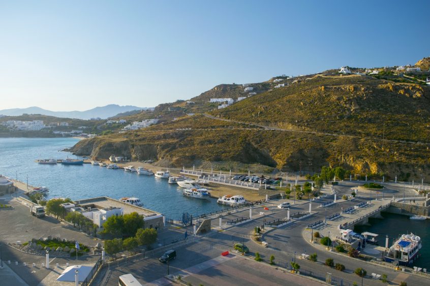 Mykonos hill, sea and road view