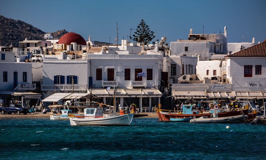 Wedding in Mykonos Chora town view from sea