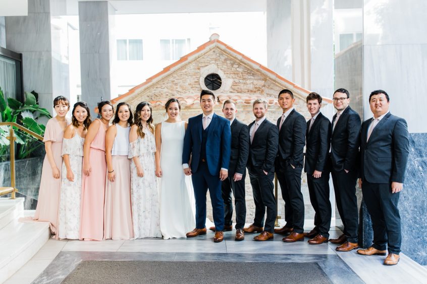 bride and groom and their wedding party